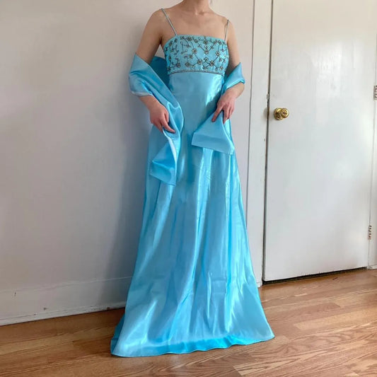 Exquisite A-Line Square Neck Sleeveless Beaded Floor-Length Prom Dress