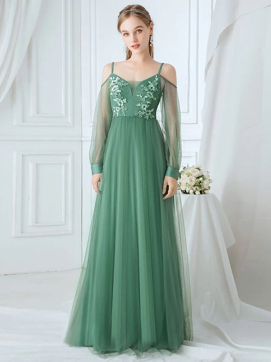 A-Line V-neck Spaghetti Strap Tulle Bridesmaid Dress with Appliques