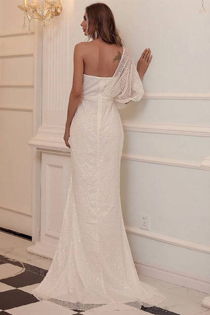 Floor Length One Shoulder Sequins Prom Dress With Slit