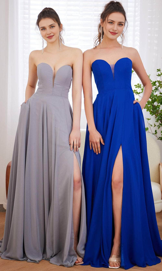 Formal Wear Dresses/ A-Line Sweetheart Bodice Strapless Lace-Up Tie With High Slit Prom Dress/ Evening Dresses For Women