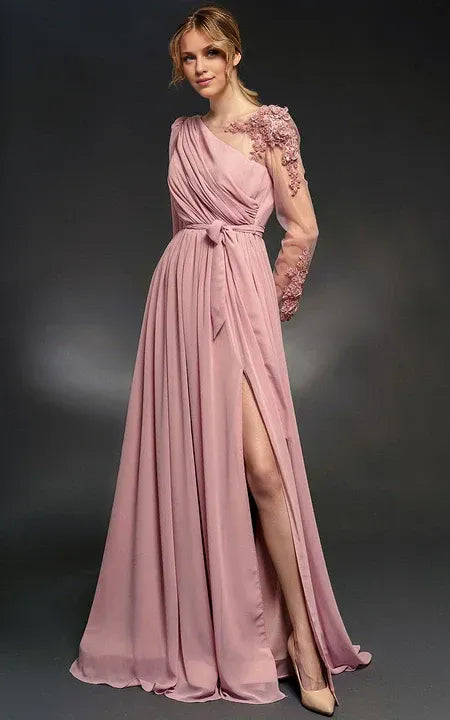 Formal Wear Dresses/Asymmetrical Illussion Long Sleeve Chiffon Front Split Dress with Applique Prom Dress