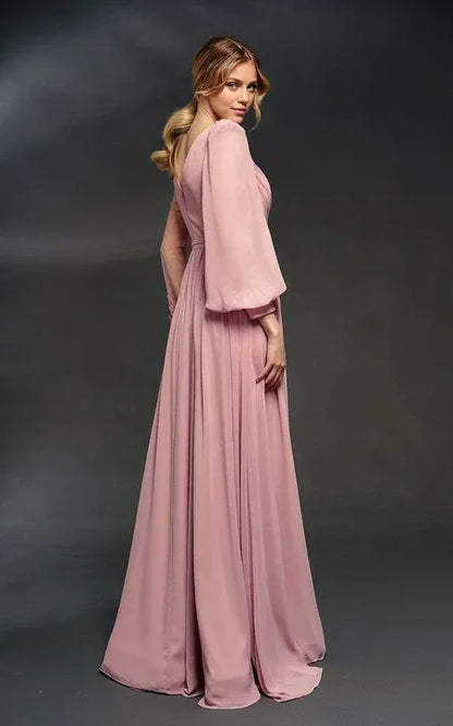 Formal Wear Dresses/Asymmetrical Illussion Long Sleeve Chiffon Front Split Dress with Applique Prom Dress
