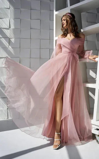 Formal Wear Dresses/Blush Off-the-shoulder Tulle Front Split Puff-sleeve Dress with Strap Prom Dress