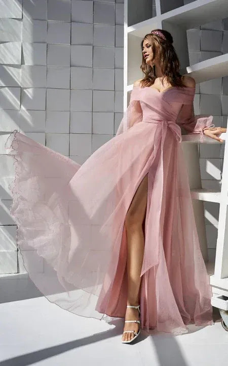 Formal Wear Dresses/Blush Off-the-shoulder Tulle Front Split Puff-sleeve Dress with Strap Prom Dress
