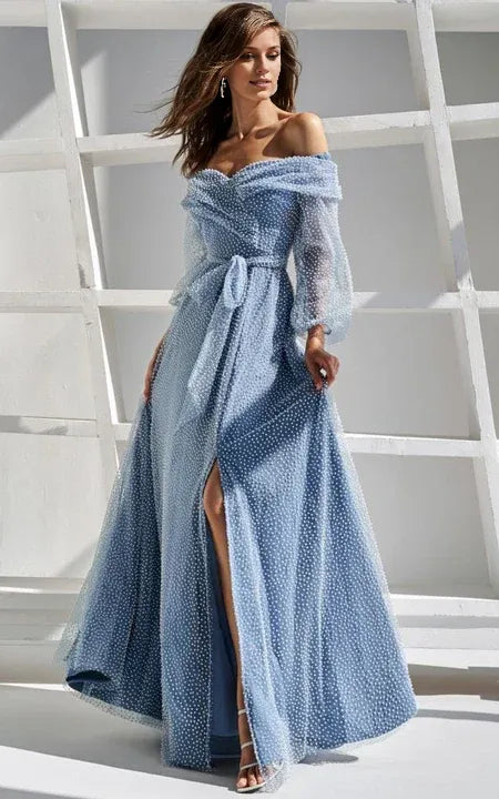 Formal Wear Dresses/Chic Off-the-shoulder Long Sleeve Front Split Dress with Bow Prom Dress
