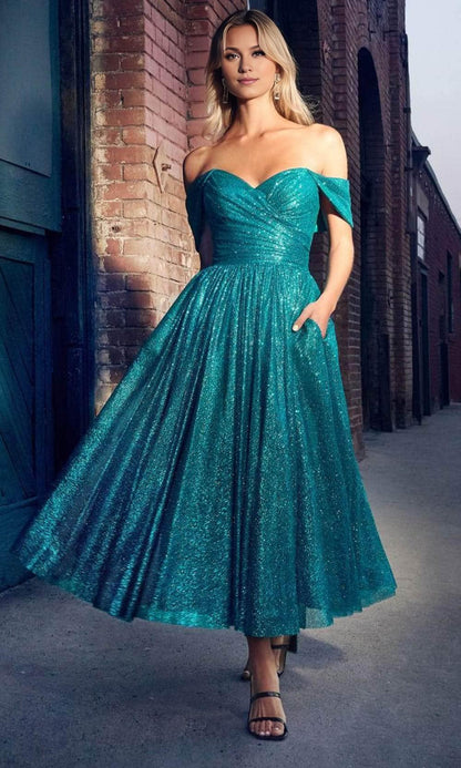 Formal Wear Dresses/Emerald Off-Shoulder Open Back Sleeveless Glitter Tea-Length Prom Dress