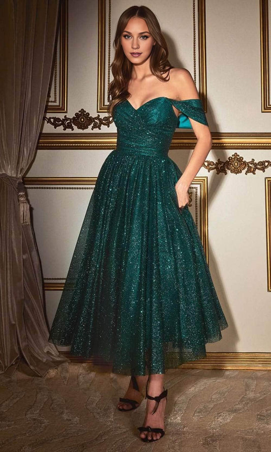 Formal Wear Dresses/Emerald Off-Shoulder Open Back Sleeveless Glitter Tea-Length Prom Dress