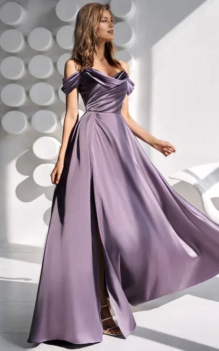 Formal Wear Dresses/Spaghetti Straps Satin Off-the-shoulder Criss-cross Sheath Front Split Prom Dress