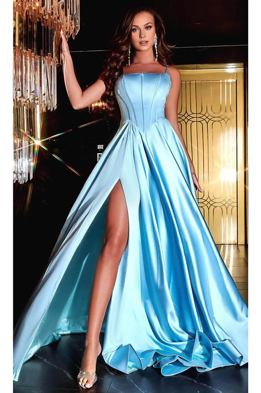 Formal Wear Dresses/Spaghetti Straps Sky Blue Long Bustier Satin A-Line Prom Dress