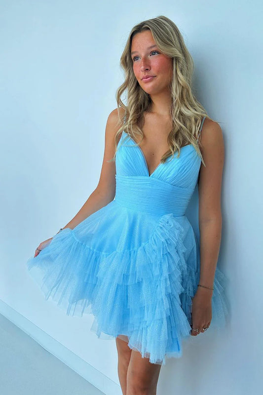 Formal Wear Dresses/V Neck Blue Tulle Short A-Line Homecoming Dress/Evening Dresses For Women