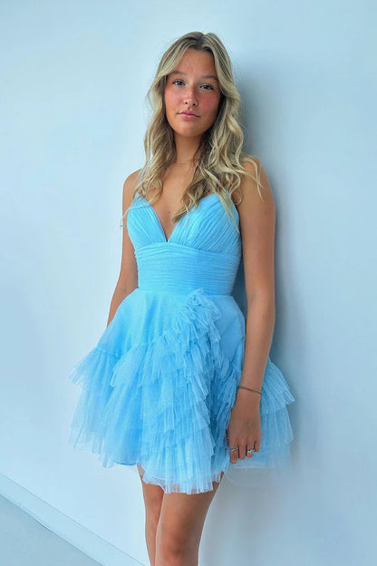 Formal Wear Dresses/V Neck Blue Tulle Short A-Line Homecoming Dress/Evening Dresses For Women