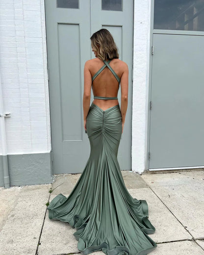 Formal Women's Dresses/Charming Mermaid V Neck Dark Green Satin Long Prom Dresses Evening Dress/Dress For Formal