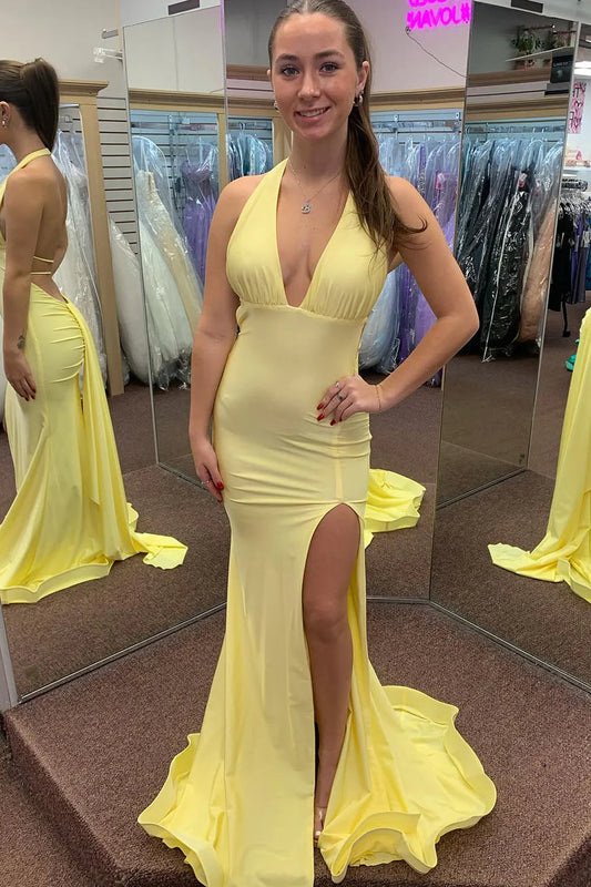 Formal Women's Dresses/Chic Mermaid Halter Yellow Slit Long Prom Dresses Evening Dress/Dress For Formal
