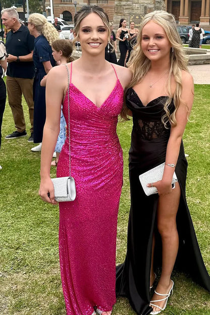 Formal Women's Dresses/Chic Mermaid V Neck Fuchsia Sequins Long Party Prom Dresses with Slit Evening Dress/Dress For Formal