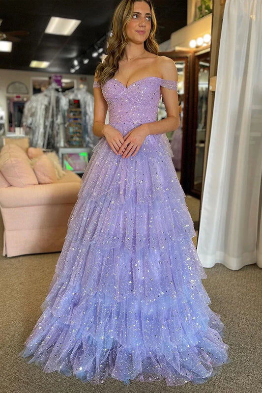Formal Women's Dresses/Cute A-Line Off Shoulder Light Purple Tiered Tulle Long Prom Dress Evening Dress/Dress For Formal