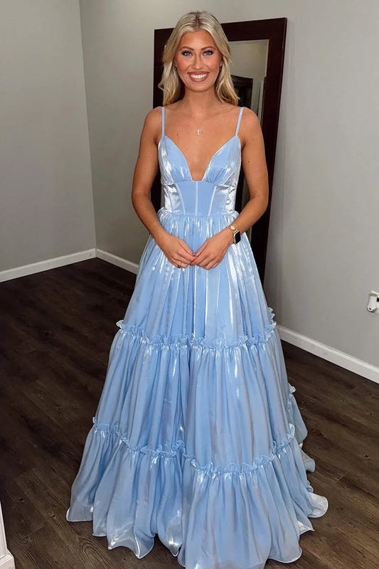 Formal Women's Dresses/Cute A Line V Neck Light Blue Glitter Long Prom Dresses Evening Dress/Dress For Formal