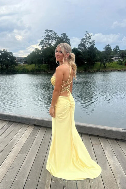 Formal Women's Dresses/Cute Mermaid Straps Yellow Satin Slit Prom Dresses with Cross Back Evening Dress/Dress For Formal