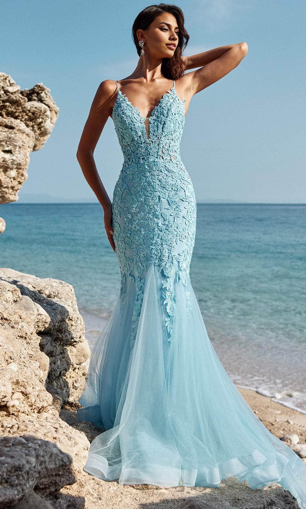 Formal Women's Dresses Sleeveless Mermaid/Princess Backless Spaghetti Straps Floral Applique Prom Dress Prom Dress Shops