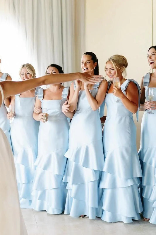 Formal Women's Dresses Square Neck Light Blue Ruffles A-line Bridesmaid Dress Prom Dress In Store