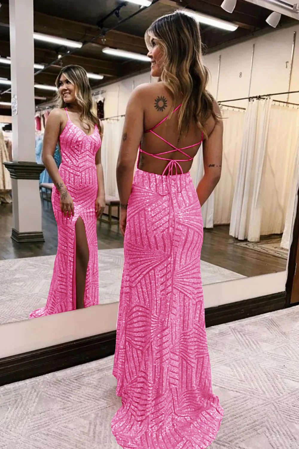 Sequins V-Neck Spaghetti Straps Prom Dress