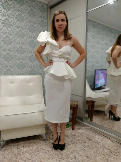 Cocktail Party Dress One Shoulder Sleeveless Tea Length Spandex with Ruffles