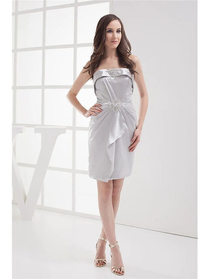 Cocktail Party Dress Strapless Sleeveless Knee Length Stretch Satin with Beading