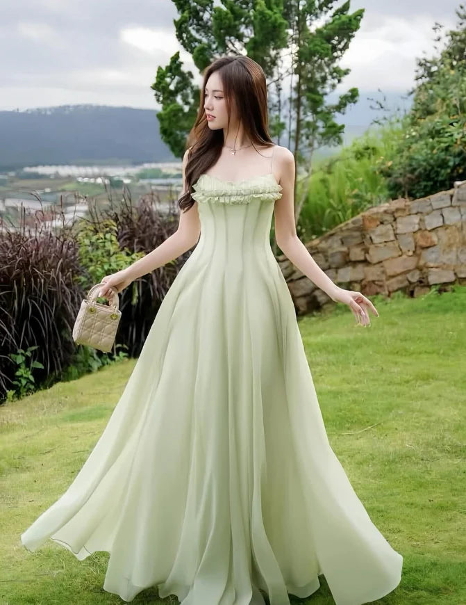 Gentle A Line Spaghetti Strap Sleeveless Zipper Up Floor-Length Prom Dresses