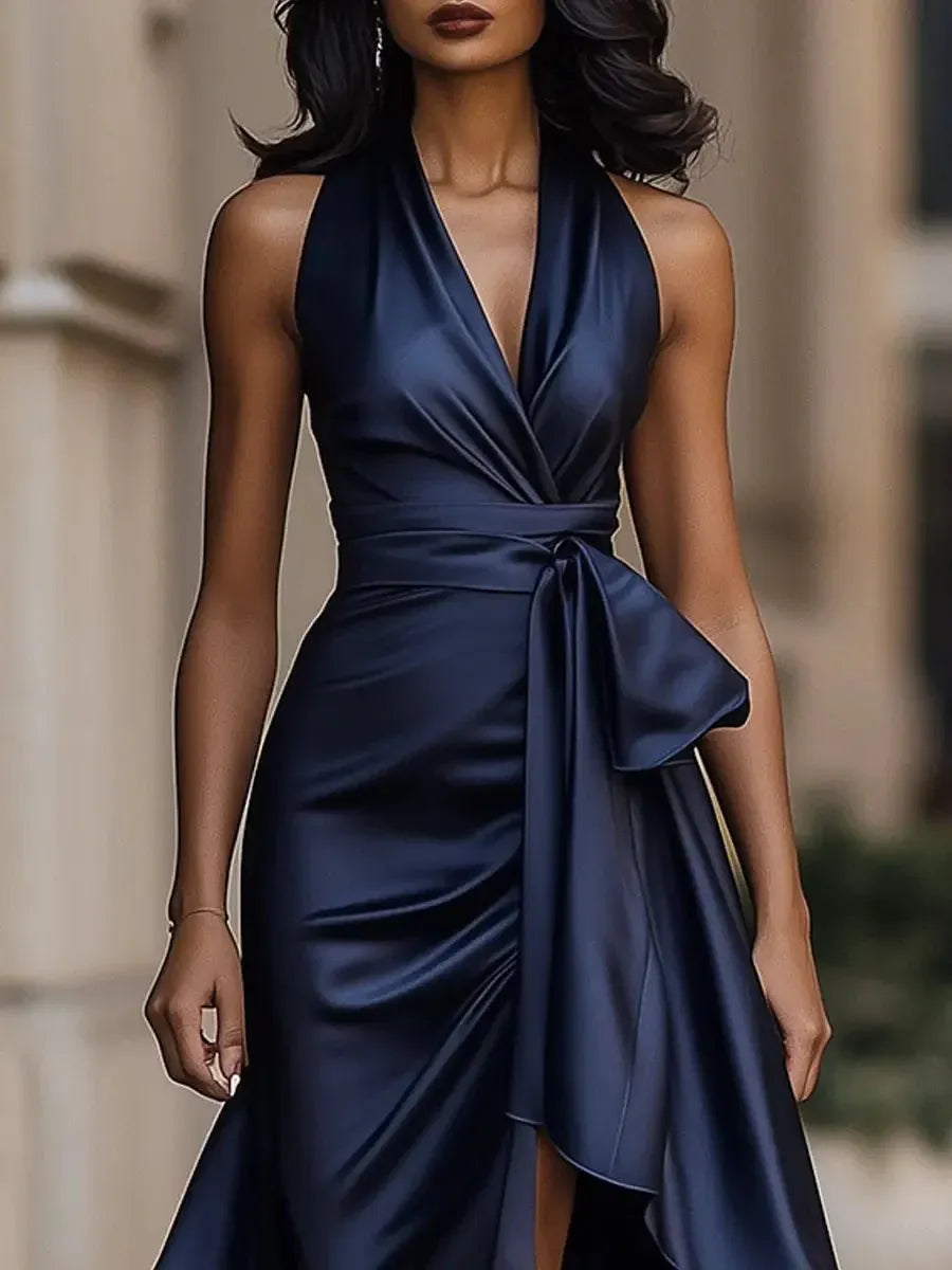 Glamorous A-Line Halter Neck Ruffled High-Low Navy Prom Dresses With Belt