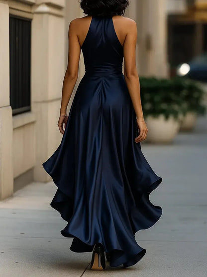 Glamorous A-Line Halter Neck Ruffled High-Low Navy Prom Dresses With Belt