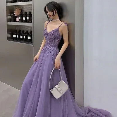 Glamorous A-Line Spaghetti Strap Lace-Up Lavender Floor-Length Prom Dresses
