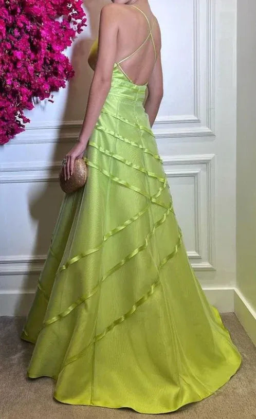 Glamorous A-Line Spaghetti Strap Ribbon Lime Green Floor-Length Evening Dresses