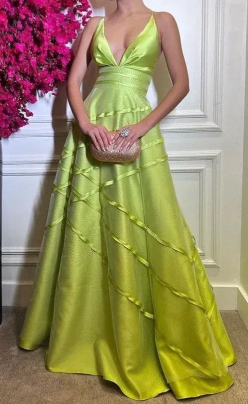 Glamorous A-Line Spaghetti Strap Ribbon Lime Green Floor-Length Evening Dresses