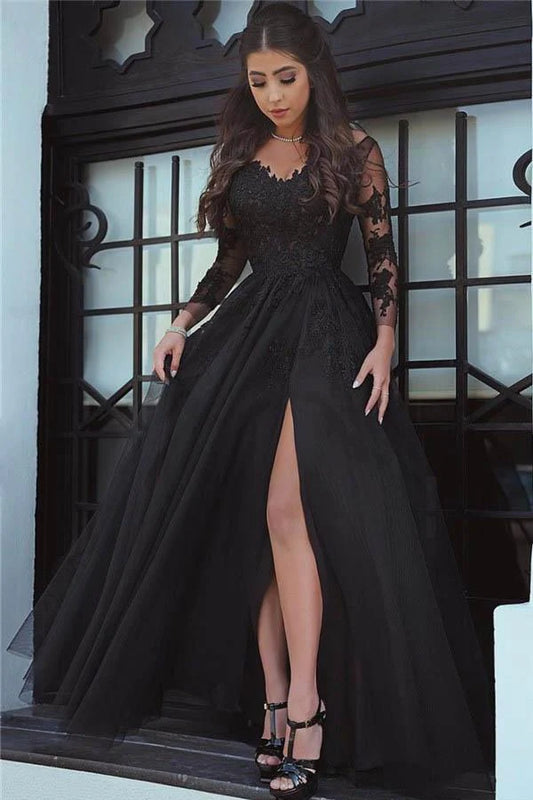 Glamorous A-Line V Neck Long Sleeve Backless Floor-Length Prom Dress