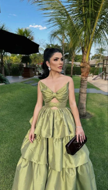 Glamorous A-Line V Neck Sleeveless Tiered Satin Floor-Length Prom Dress