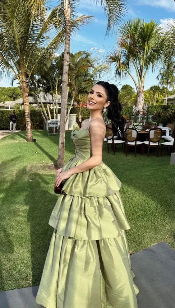 Glamorous A-Line V Neck Sleeveless Tiered Satin Floor-Length Prom Dress