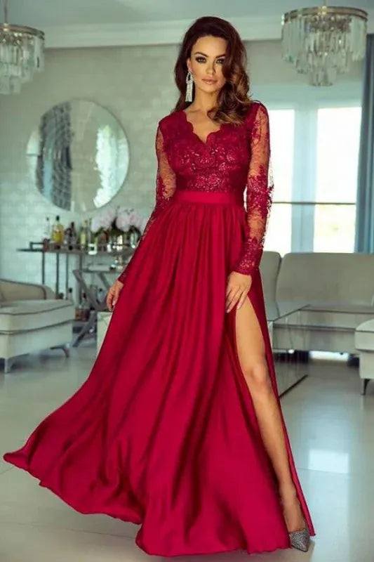 Glamorous A-line Long Sleeve Lace Slit Burgundy Train Prom Dress For Sale