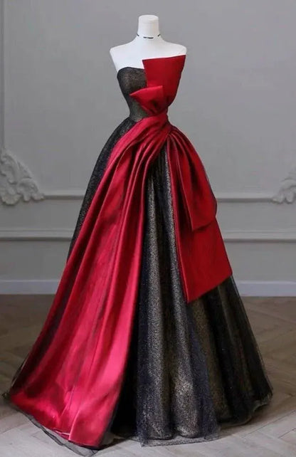 Glamorous Ball Gown Strapless Contrast Bow Black Red Prom Dress For Sale