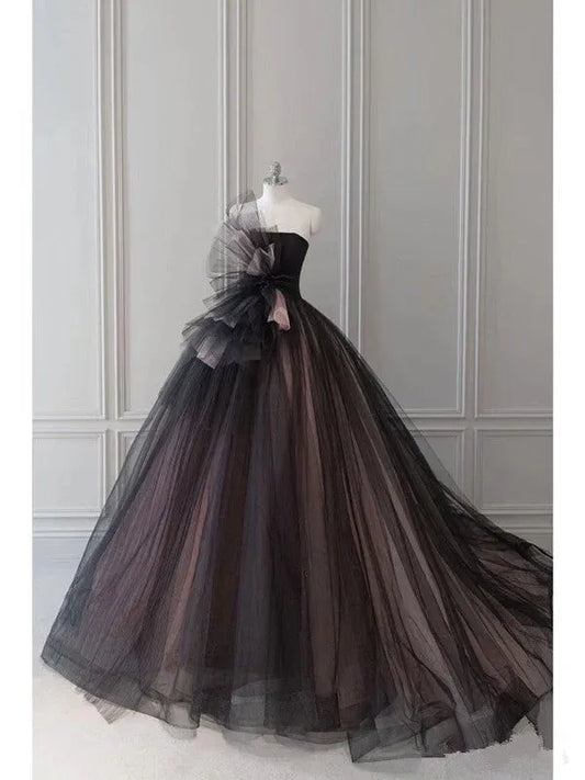 Glamorous Ball Gown Strapless Ruffled Black Ombre Floor-Length Prom Dresses