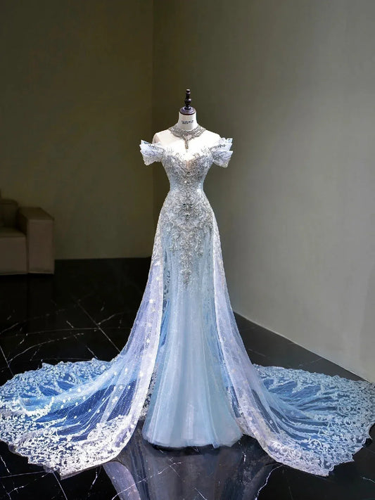 Glamorous Mermaid Off Shoulder Beaded Light Blue Floor-Length Evening Dresses