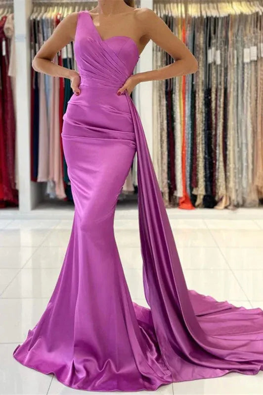 Glamorous Mermaid One-shoulder Draped Fuchsia Train Prom Dress For Sale