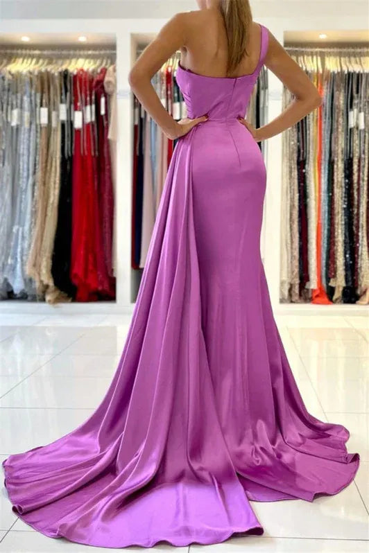 Glamorous Mermaid One-shoulder Draped Fuchsia Train Prom Dress For Sale