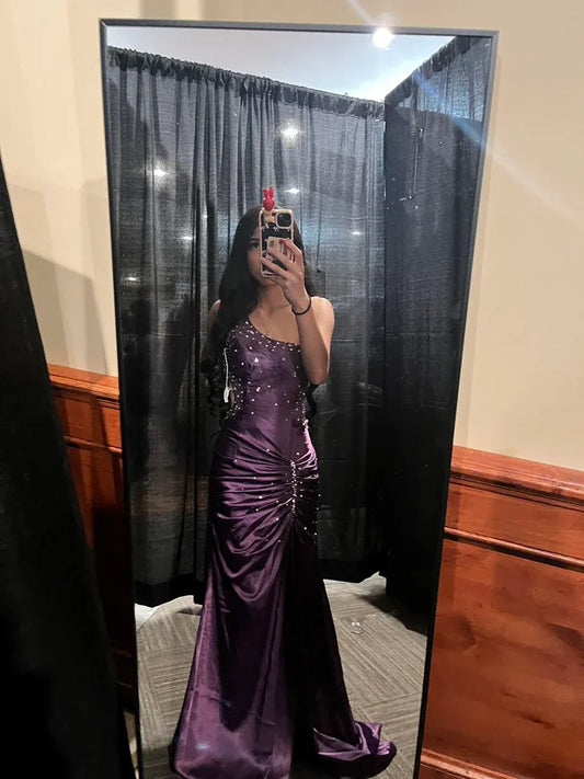 Glamorous Mermaid One Shoulder Beaded Ruched Purple Train Prom Dress