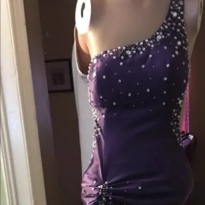 Glamorous Mermaid One Shoulder Beaded Ruched Purple Train Prom Dress