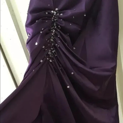 Glamorous Mermaid One Shoulder Beaded Ruched Purple Train Prom Dress