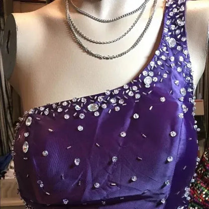 Glamorous Mermaid One Shoulder Beaded Ruched Purple Train Prom Dress