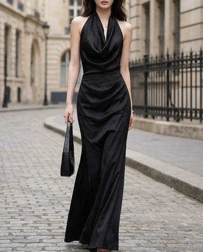 Glamorous Sheath Halter Neck Crisscross Back Black Floor-Length Prom Dresses