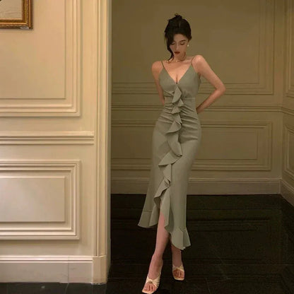 Glamorous Sheath Spaghetti Strap Ruffled Sage Tea-Length Prom Dresses