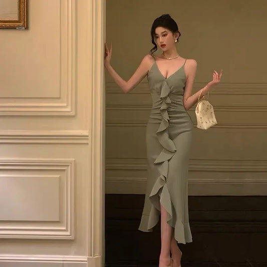 Glamorous Sheath Spaghetti Strap Ruffled Sage Tea-Length Prom Dresses