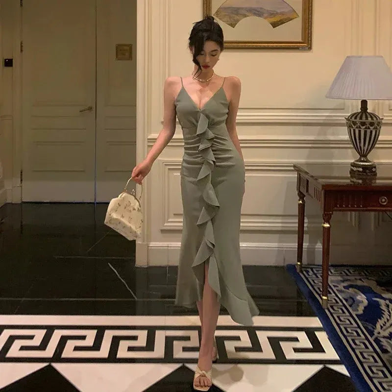 Glamorous Sheath Spaghetti Strap Ruffled Sage Tea-Length Prom Dresses