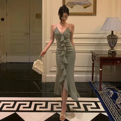 Glamorous Sheath Spaghetti Strap Ruffled Sage Tea-Length Prom Dresses